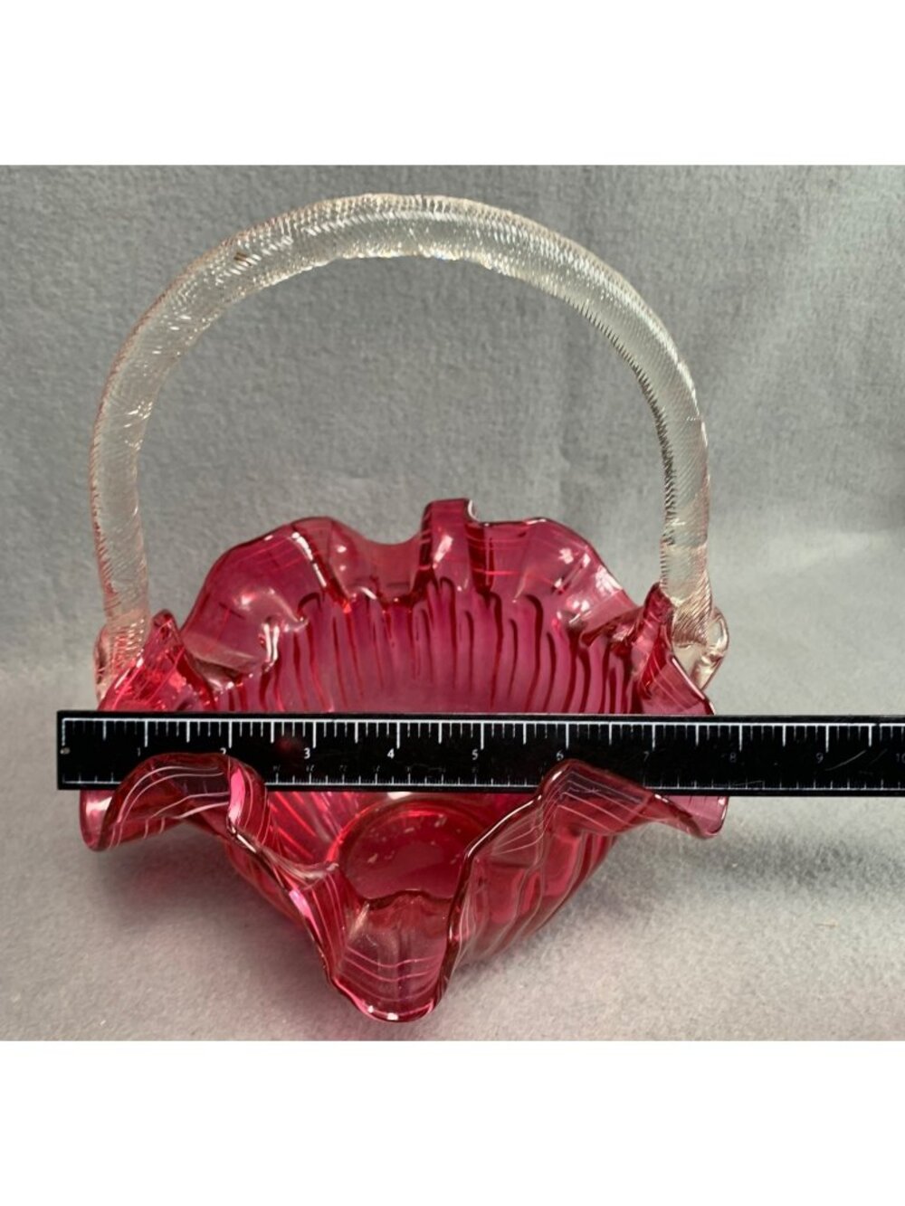 Hand-Blown Cranberry Glass Basket Ruffled Edge & Clear Handle Vintage - Picture 9 of 14